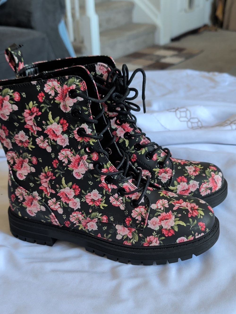 Women's Floral Lace-Up Combat Boots - Black with Pink Floral